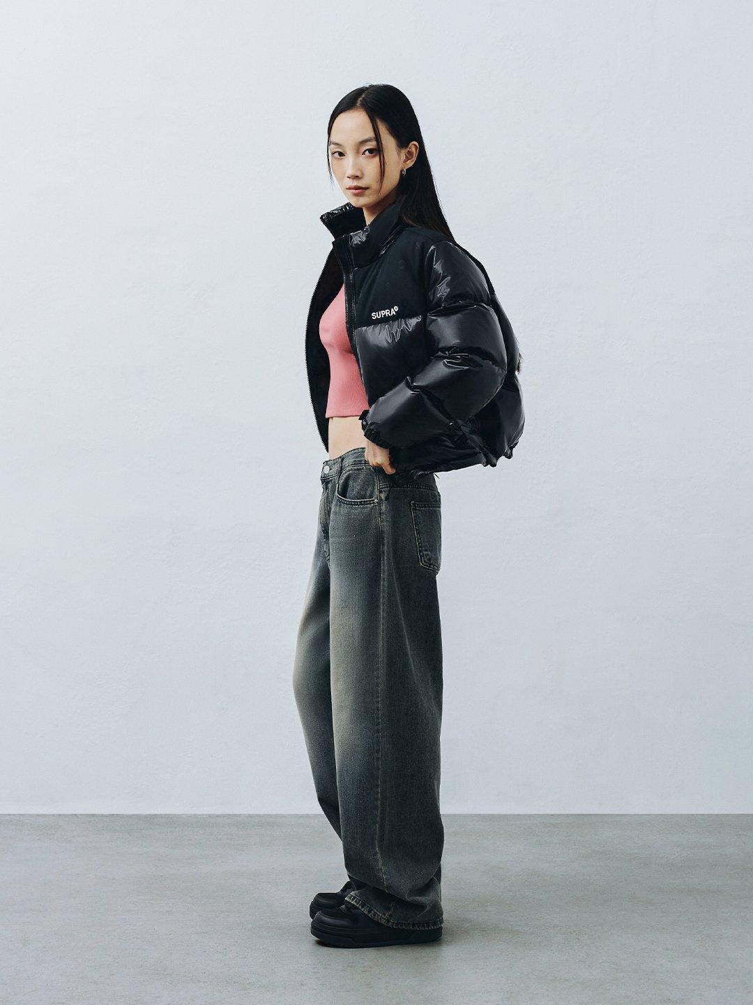 여성 자가드 배색 숏 다운 자켓