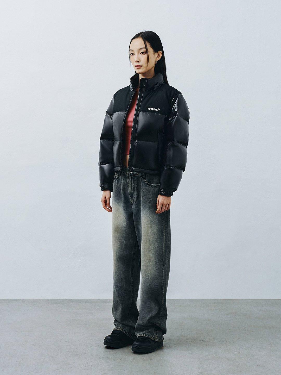 여성 자가드 배색 숏 다운 자켓