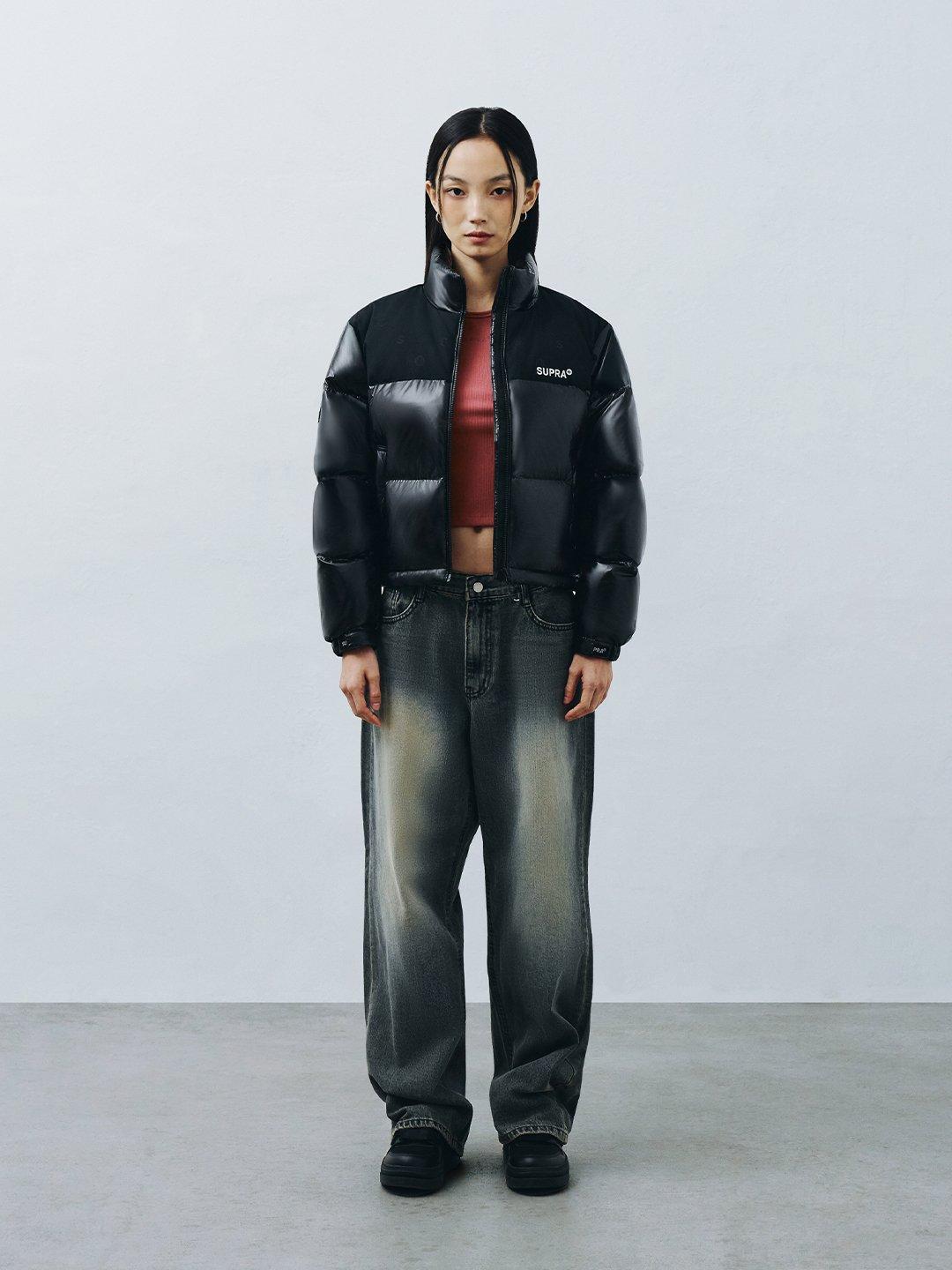 여성 자가드 배색 숏 다운 자켓