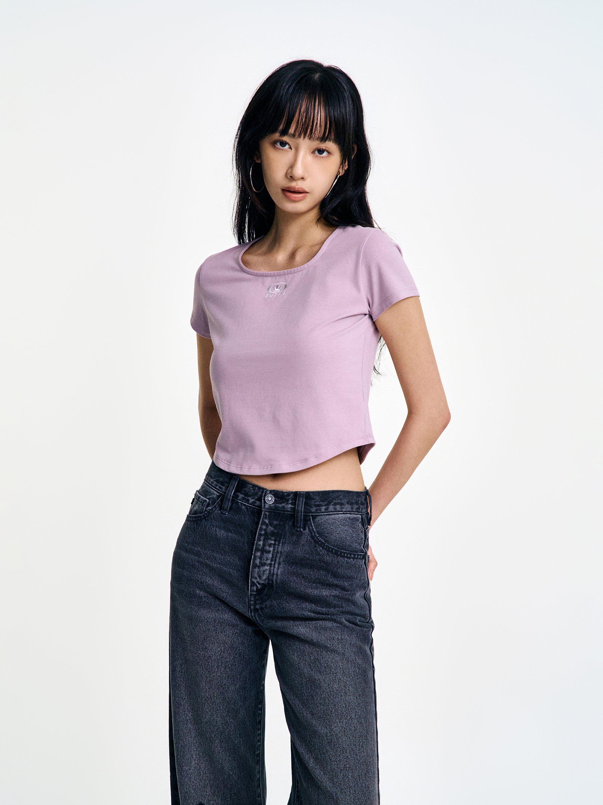 여성 서클 크라운 스퀘어넥 반팔 티셔츠