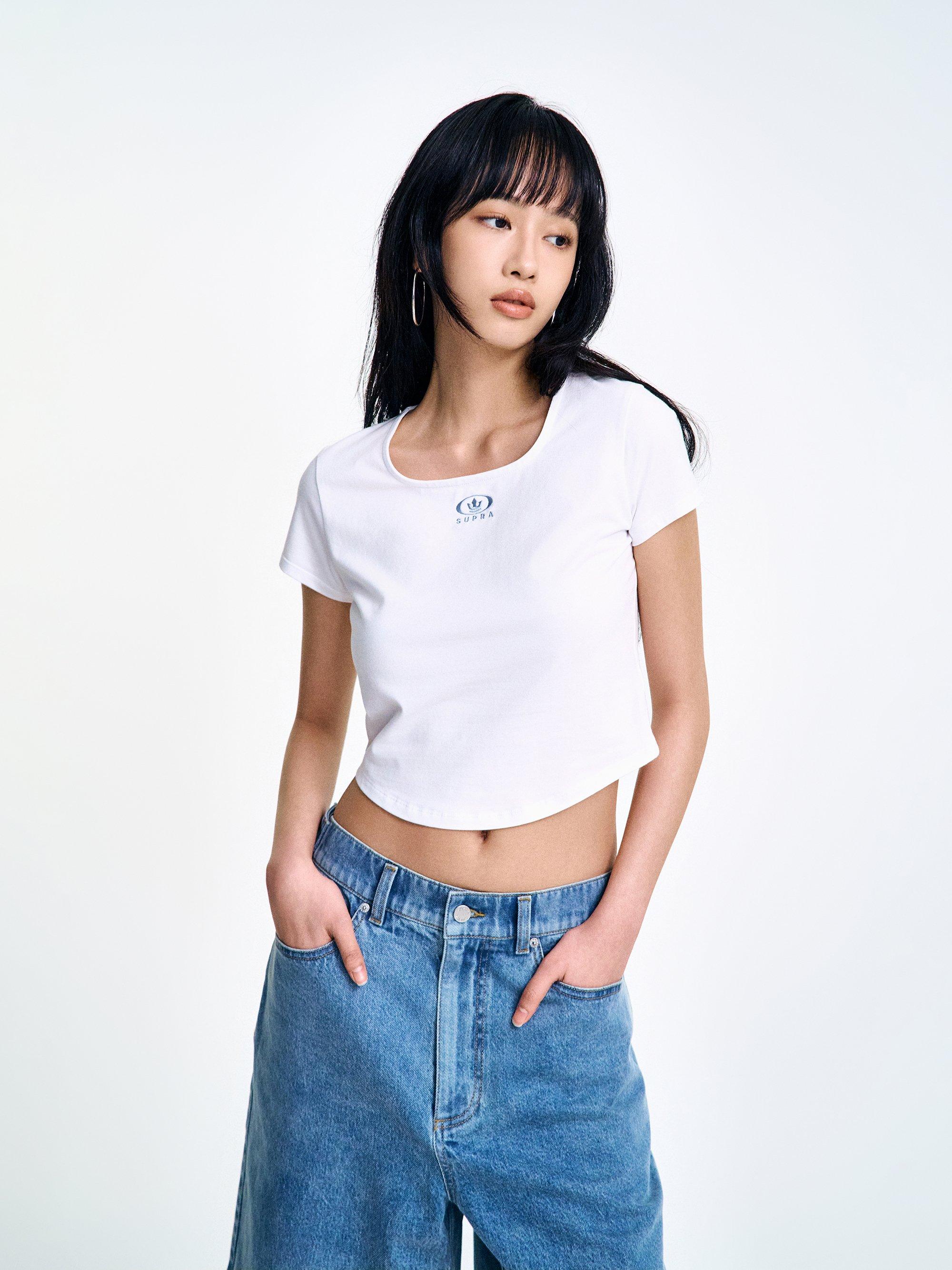 여성 서클 크라운 스퀘어넥 반팔 티셔츠