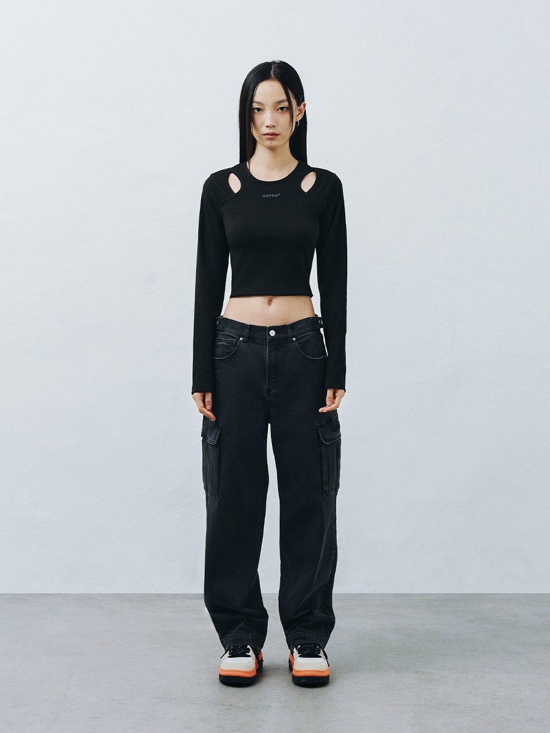 여성 컷아웃 긴팔 크롭 티셔츠